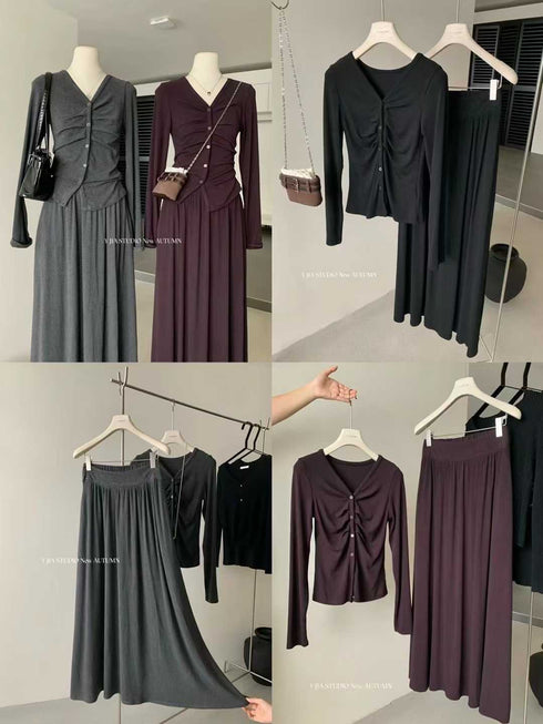 Casual Buttons Down Tops with Skirts Sets